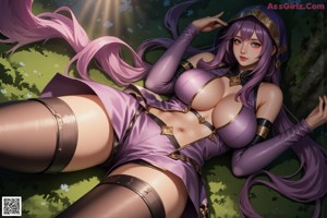 A close up of a woman with purple hair wearing a purple hat.