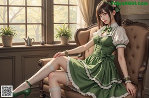 A girl in a green dress and white stockings standing in a field.