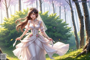 A woman in a wedding dress standing in the woods.