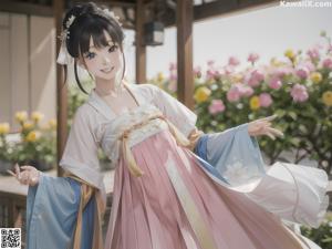 A woman in a blue and white kimono standing in front of a window.