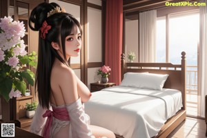 A woman in a white kimono laying on a bed.