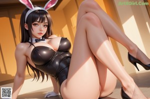 a sexy asian woman in a bunny costume sitting on a bed