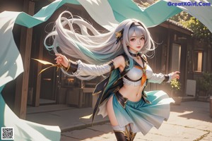 A woman with long white hair wearing a green and white outfit.