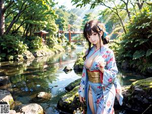 A naked woman in a kimono sitting on a wooden bench.