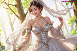A woman in a wedding dress walking through a forest.