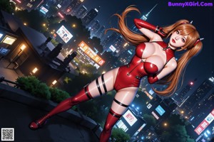 A woman in a red latex outfit standing in front of a city at night.