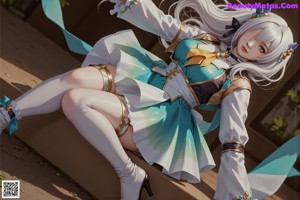 A woman with long white hair wearing a blue dress.
