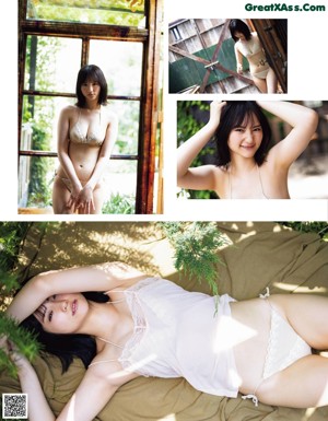 A woman in a beige bra and panties posing for a picture.