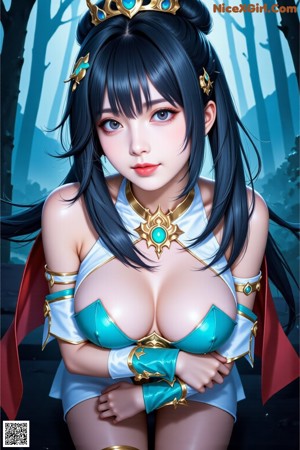 A woman with long blue hair wearing a crown.
