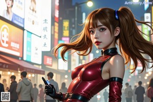 A woman in a red cat suit standing in the middle of a city.