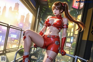 A woman in a red cat suit standing in the middle of a city.