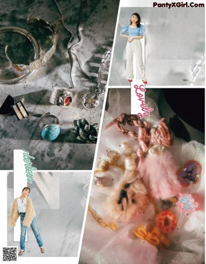 A magazine spread with a picture of a woman in a dress and jewelry.
