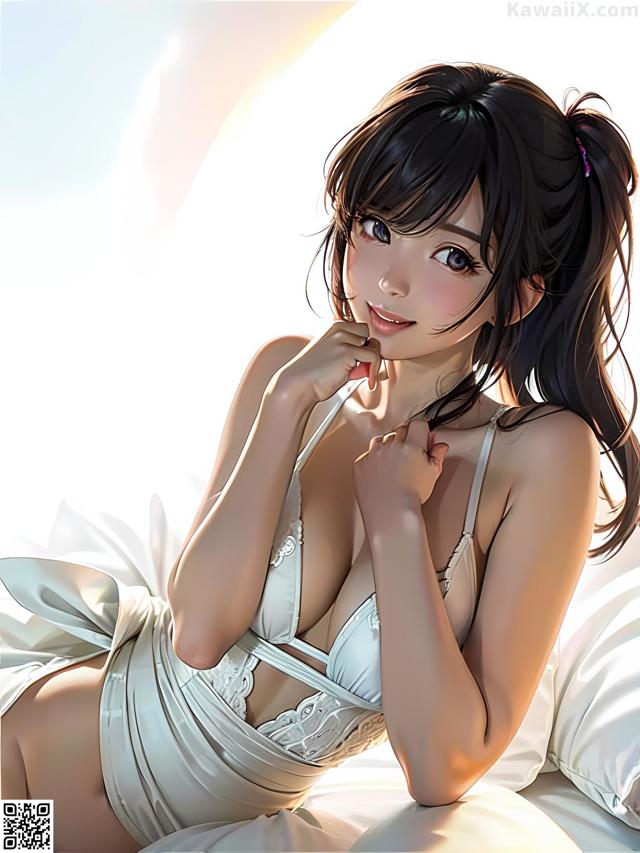 A woman in a white lingerie laying on a bed.
