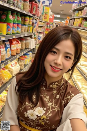 A woman standing in front of a shelf of food.