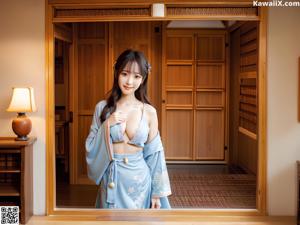 A woman in a blue and white kimono standing in front of a door.