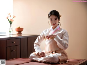 A woman in a white dress sitting on a bed.