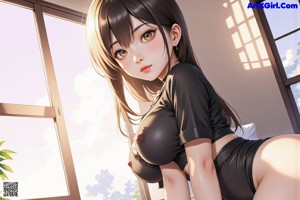 A naked woman in stockings and stockings standing in front of a window.