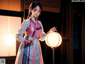 A woman in a kimono sitting on a bench in a room.