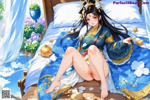 A woman in a purple kimono is posing naked on a bed.