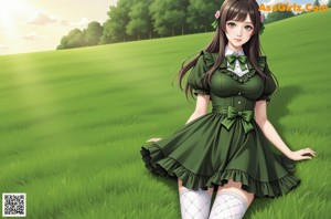 A girl in a green dress and white stockings is posing for a picture.