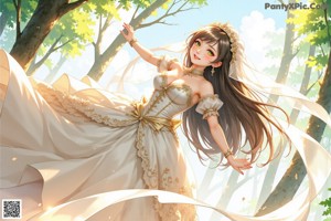 A woman in a wedding dress standing in the woods.