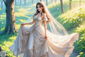 A woman in a wedding dress standing in the woods.