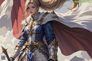 A woman in a white and blue outfit is standing in front of a building.