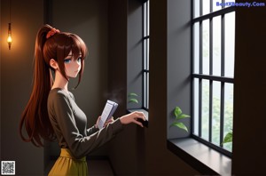 A girl in a white shirt and plaid skirt standing in front of a window.