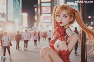 A woman in a red leather outfit is posing for the camera.