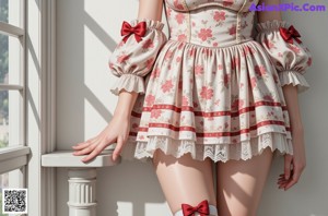 a woman in a red and white dress posing for a picture