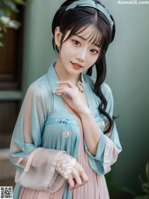 A woman in a black and yellow hanbok sitting on a bed.