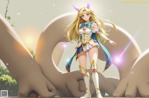 Anime girl with long blonde hair wearing a blue and gold outfit.