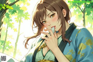A nude woman in a green kimono standing in the woods.