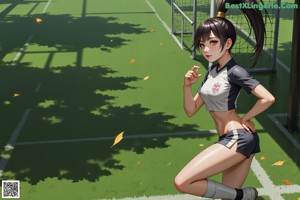 A woman in a red and black outfit standing on a soccer field.