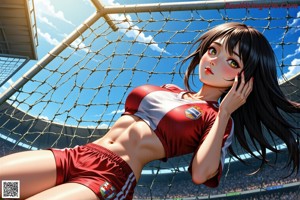 A girl in a baseball uniform standing in front of a stadium.