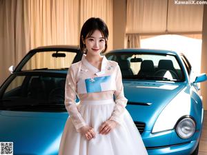 A woman in a pink and white hanbok standing in front of a window.