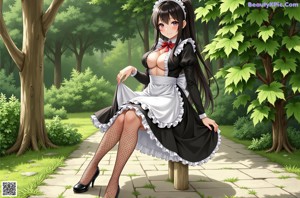 A woman in a maid outfit posing for a picture.