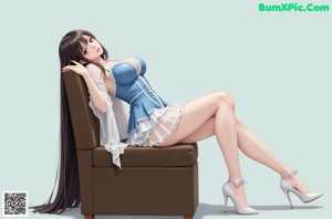 a woman in a blue and white dress and stockings