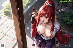 A woman in traditional attire holds a sword, standing on a path with cherry blossoms and a temple in the background.