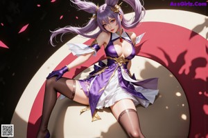 A woman in a purple outfit is sitting on a rock.