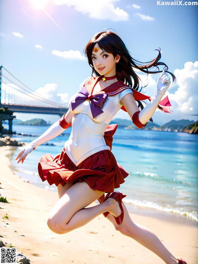 A woman in a sailor outfit is running on the beach.