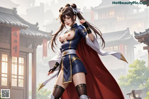 A woman with long hair and a blue and gold outfit.