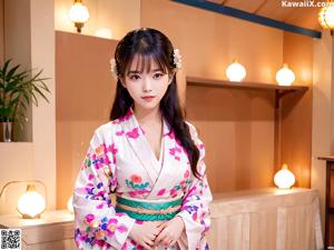 A woman in a white kimono standing in a room.