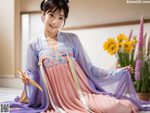 A woman wearing a pink and green hanbok is posing for a picture.