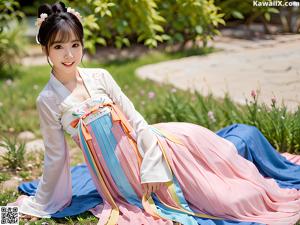 A woman in a pink and blue hanbok standing in a garden.