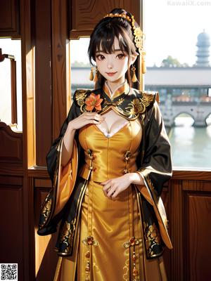 A woman in a yellow and white kimono standing on a bed.