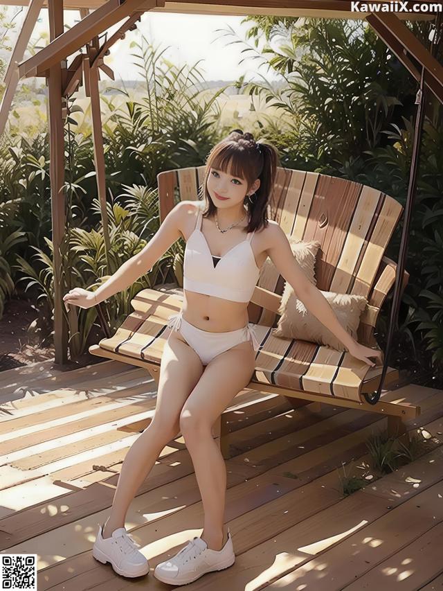 A woman in a white bikini sitting on a wooden bench.