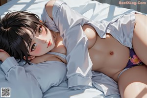 A nude woman sitting on a bed next to a window.