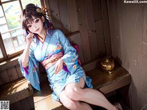 A woman in a kimono sitting on a wooden bench.