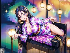 A woman in a purple kimono is posing for a picture.